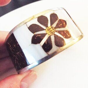 MEXICO MOTHER OF PEARL & BRONZITE STONE INLAY DAISY CUFF BRACELET B